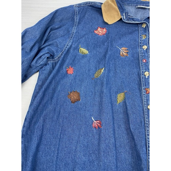 VTG‎ 90s Bobbie Brooks Denim Shirt Womens 22/24W Embroidered Leaves Fall Autumn - Picture 3 of 10